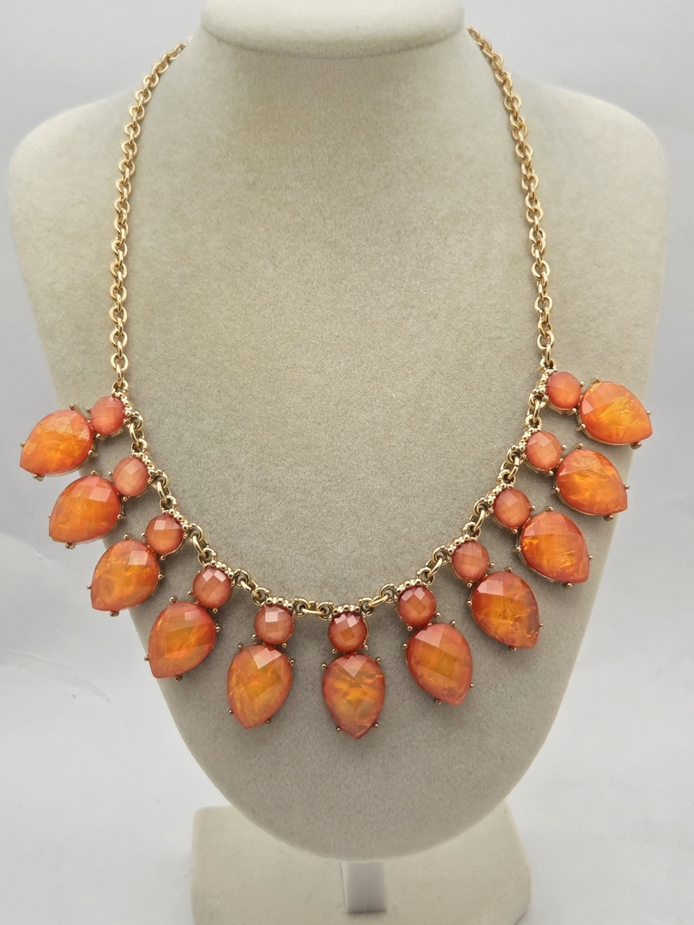 Charming Charlie Vibrant Orange Faux Fire Opal Statement Bib Necklace Gold Tone